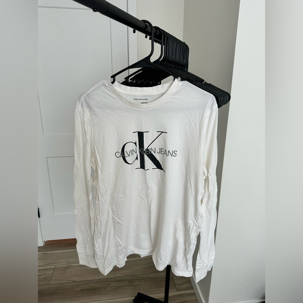 White Calvin Klein Logo Long Sleeve Tee
